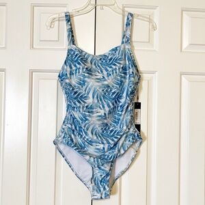 NWT Catherine Malandrino One Piece Blue Leaf Print Swimsuit w/ Ruching. Medium